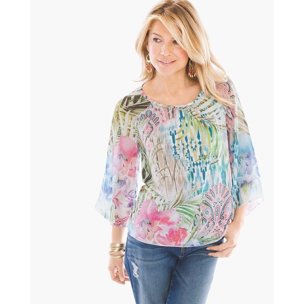 Chicos Sz 0 S Magnificent Floral Tropical Print Top Colorful Flowy Kimono Sleeve